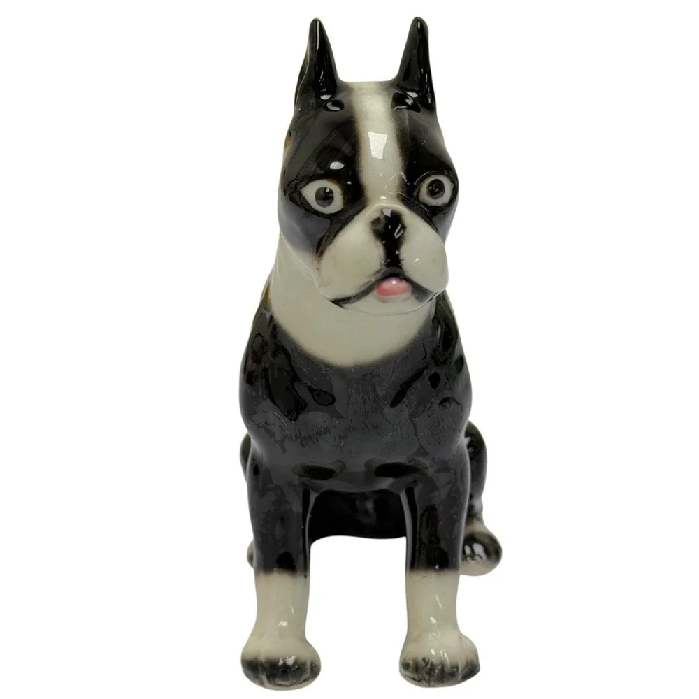 Vintage Boston Terrier Dog Puppy Ceramic Figurine Sticking Tongue Out 5.5